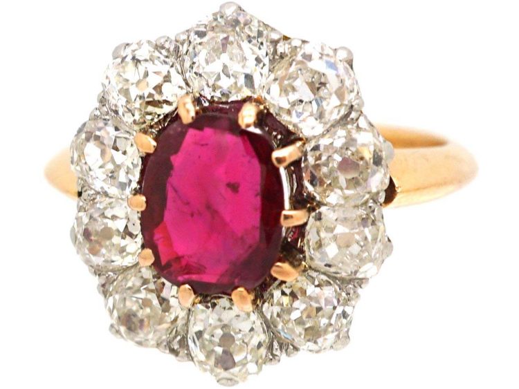 Mid 20th Century 18ct Gold, Large Ruby & Diamond Oval Cluster Ring