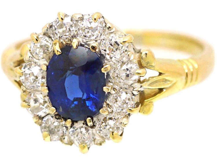 Edwardian 18ct Gold Sapphire & Diamond Oval Cluster Ring