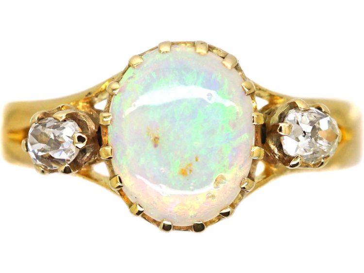 Edwardian 18ct Gold Ring set with an Opal & Two Diamonds