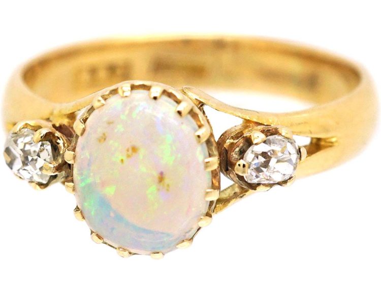 Edwardian 18ct Gold Ring set with an Opal & Two Diamonds