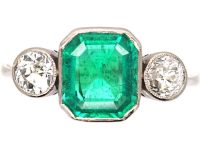 Art Deco 18ct White Gold Emerald & Diamond Three Stone Ring