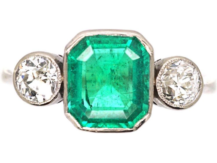 Art Deco 18ct White Gold Emerald & Diamond Three Stone Ring