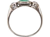 Art Deco 18ct White Gold Emerald & Diamond Three Stone Ring
