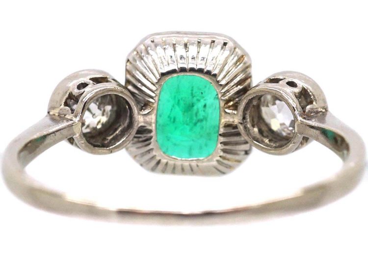 Art Deco 18ct White Gold Emerald & Diamond Three Stone Ring