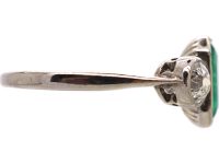 Art Deco 18ct White Gold Emerald & Diamond Three Stone Ring