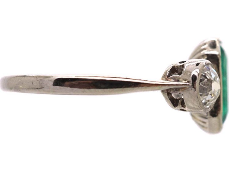 Art Deco 18ct White Gold Emerald & Diamond Three Stone Ring