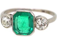 Art Deco 18ct White Gold Emerald & Diamond Three Stone Ring