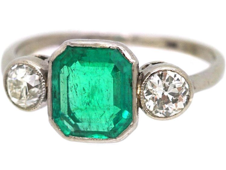 Art Deco 18ct White Gold Emerald & Diamond Three Stone Ring