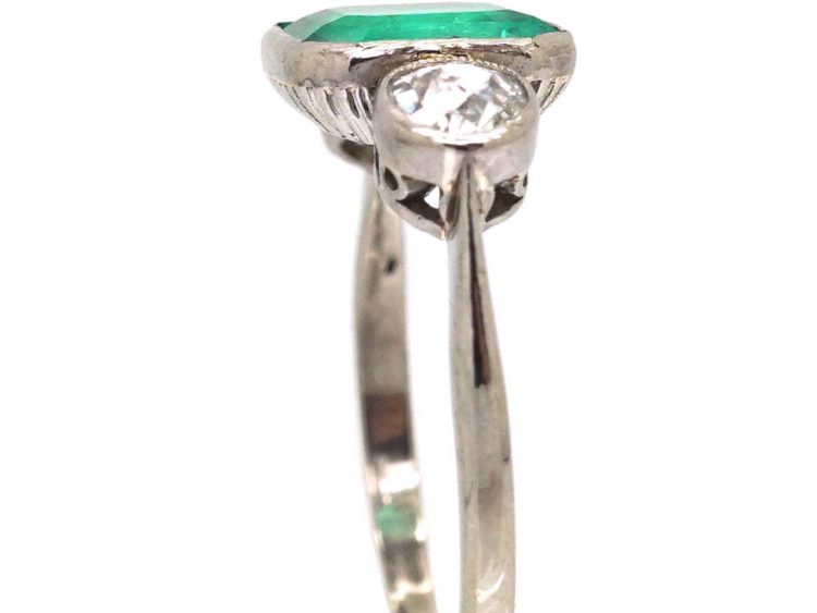 Art Deco 18ct White Gold Emerald & Diamond Three Stone Ring