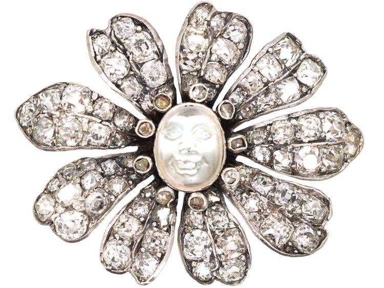 Victorian Silver & Gold Man in the Moon Brooch set with a Moonstone & Diamonds
