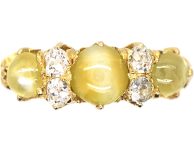 Victorian 18ct Gold Three Stone Chrysoberyl Cat's Eye & Diamond Ring