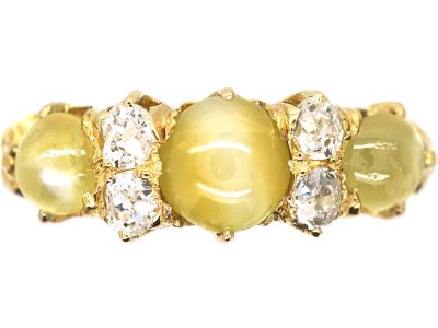 Victorian 18ct Gold Three Stone Chrysoberyl Cat’s Eye & Diamond Ring