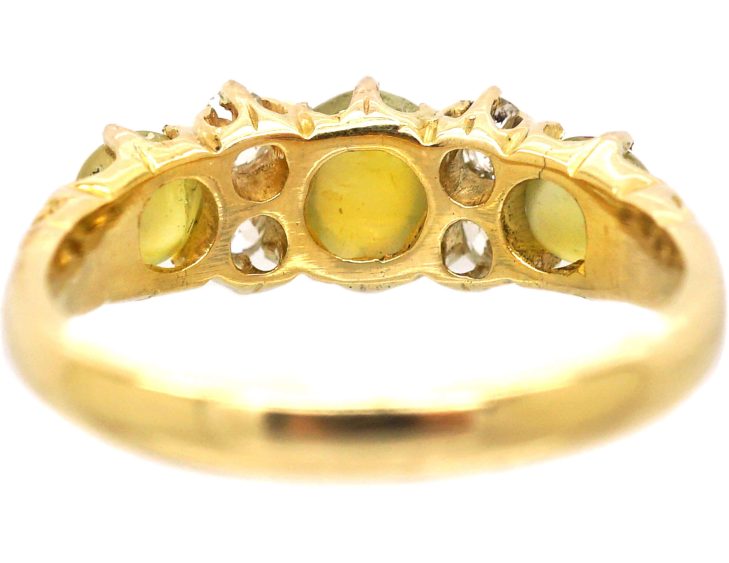 Victorian 18ct Gold Three Stone Chrysoberyl Cat's Eye & Diamond Ring