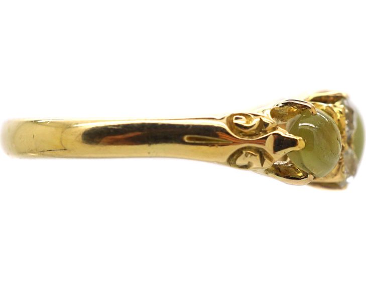 Victorian 18ct Gold Three Stone Chrysoberyl Cat's Eye & Diamond Ring