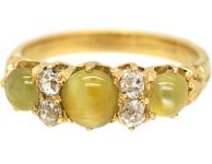 Victorian 18ct Gold Three Stone Chrysoberyl Cat's Eye & Diamond Ring