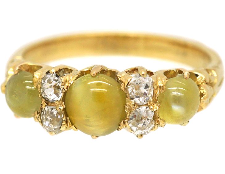 Victorian 18ct Gold Three Stone Chrysoberyl Cat's Eye & Diamond Ring