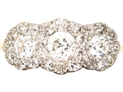 Edwardian 18ct Gold & Platinum Triple Cluster Diamond Ring
