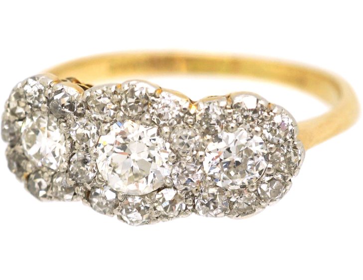 Edwardian 18ct Gold & Platinum Triple Cluster Diamond Ring