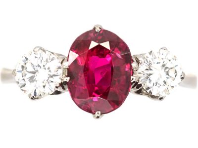 18ct White Gold, Ruby & Diamond Three Stone Ring by Cropp & Farr