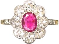 Early 20th Century 18ct Gold & Platinum, Ruby & Diamond Oval Cluster Ring with Rose Diamond Shoulders