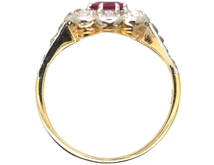 Early 20th Century 18ct Gold & Platinum, Ruby & Diamond Oval Cluster Ring with Rose Diamond Shoulders