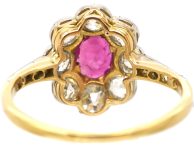 Early 20th Century 18ct Gold & Platinum, Ruby & Diamond Oval Cluster Ring with Rose Diamond Shoulders