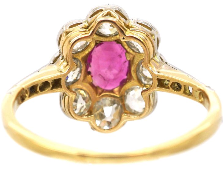 Early 20th Century 18ct Gold & Platinum, Ruby & Diamond Oval Cluster Ring with Rose Diamond Shoulders