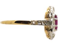 Early 20th Century 18ct Gold & Platinum, Ruby & Diamond Oval Cluster Ring with Rose Diamond Shoulders