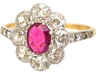 Early 20th Century 18ct Gold & Platinum, Ruby & Diamond Oval Cluster Ring with Rose Diamond Shoulders