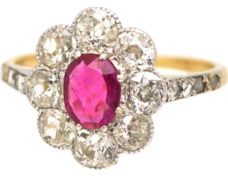 Early 20th Century 18ct Gold & Platinum, Ruby & Diamond Oval Cluster Ring with Rose Diamond Shoulders