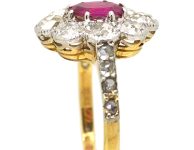 Early 20th Century 18ct Gold & Platinum, Ruby & Diamond Oval Cluster Ring with Rose Diamond Shoulders
