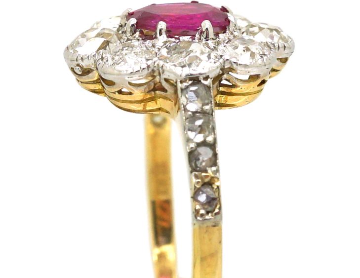 Early 20th Century 18ct Gold & Platinum, Ruby & Diamond Oval Cluster Ring with Rose Diamond Shoulders