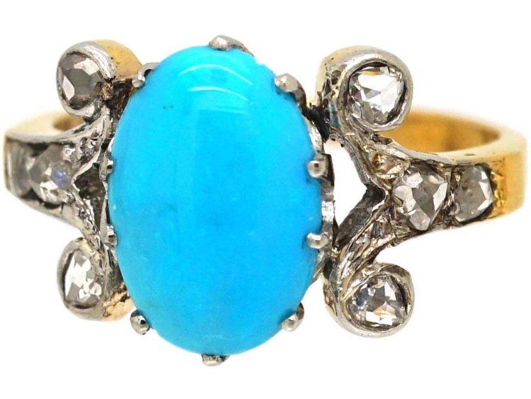 Edwardian 18ct Gold, Turquoise & Rose Diamond Ring