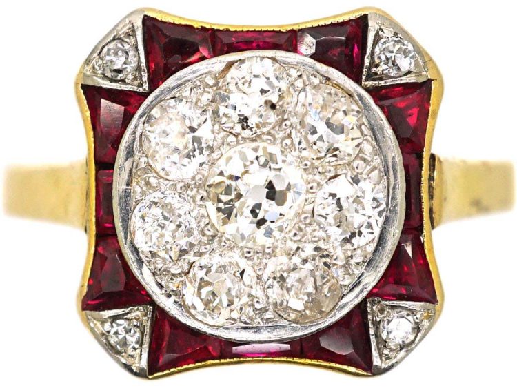 Art Deco 18ct Gold & Platinum, Ruby & Diamond Ornate Target Ring