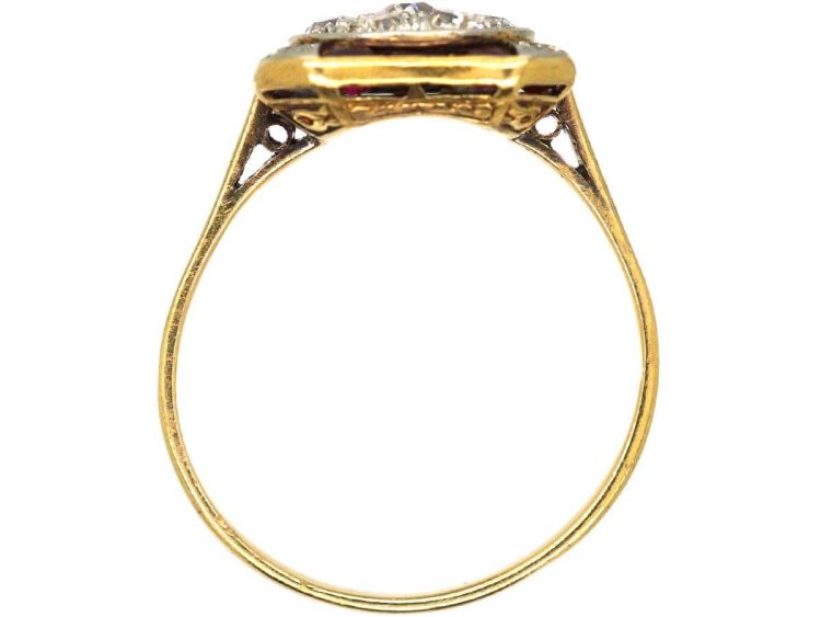 Art Deco 18ct Gold & Platinum, Ruby & Diamond Ornate Target Ring