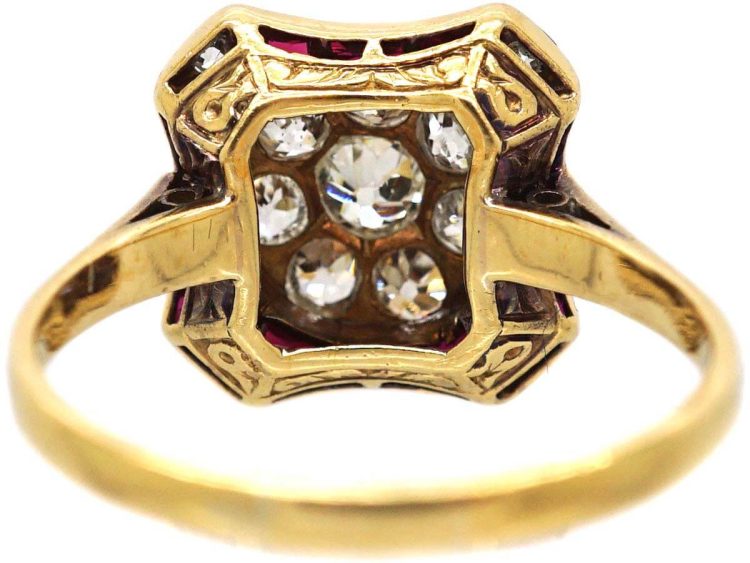 Art Deco 18ct Gold & Platinum, Ruby & Diamond Ornate Target Ring