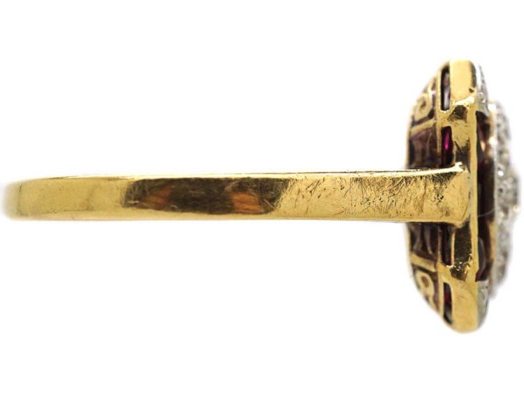 Art Deco 18ct Gold & Platinum, Ruby & Diamond Ornate Target Ring