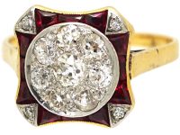 Art Deco 18ct Gold & Platinum, Ruby & Diamond Ornate Target Ring
