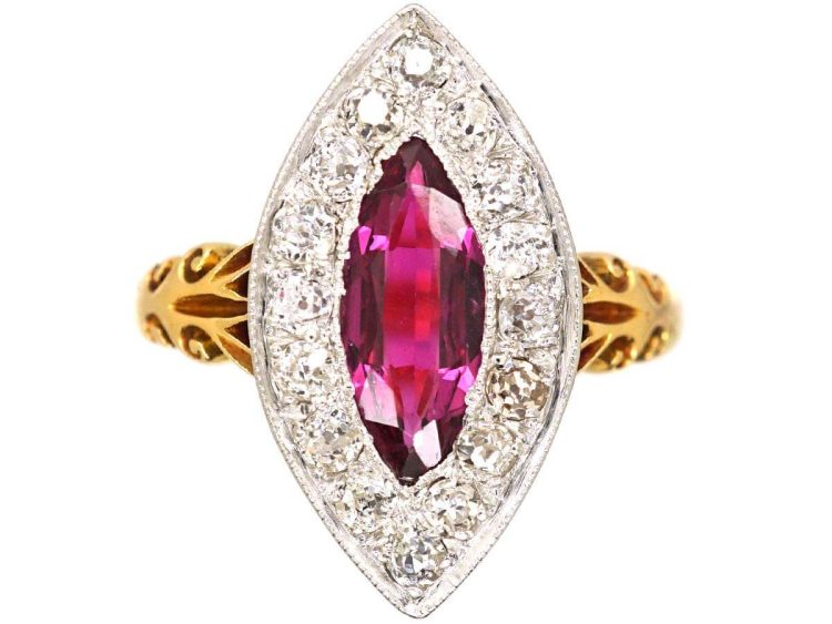 Edwardian 18ct Gold & Platinum Marquise Ring set with a Ruby & Diamonds