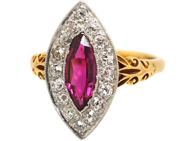 Edwardian 18ct Gold & Platinum Marquise Ring set with a Ruby & Diamonds