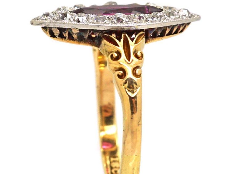 Edwardian 18ct Gold & Platinum Marquise Ring set with a Ruby & Diamonds