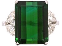 Mid 20th Century Platinum Rectangular Cut Green Tourmaline & Diamond Ring