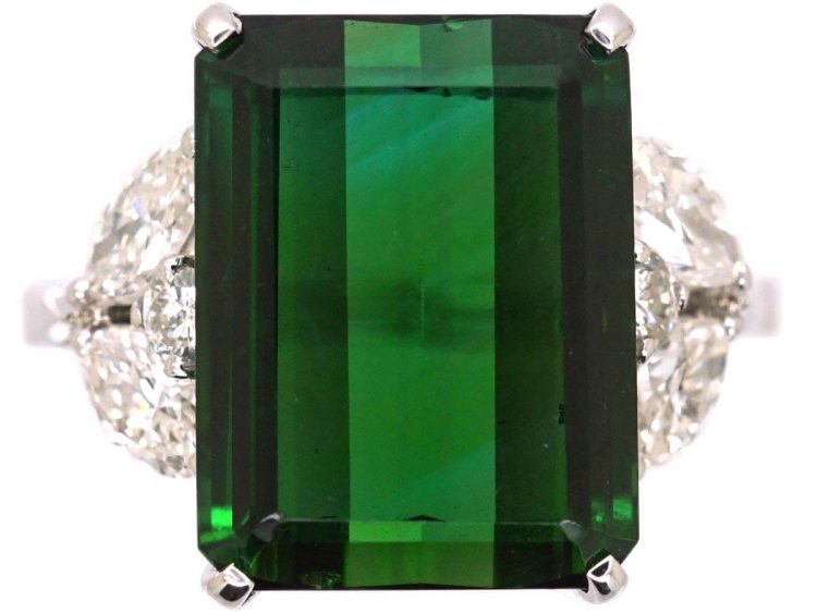 Mid 20th Century Platinum Rectangular Cut Green Tourmaline & Diamond Ring