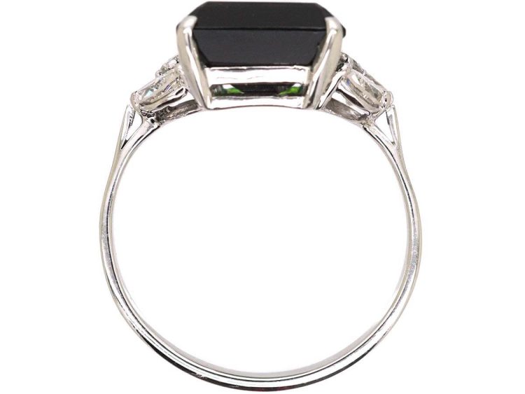 Mid 20th Century Platinum Rectangular Cut Green Tourmaline & Diamond Ring