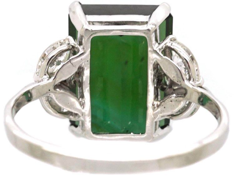 Mid 20th Century Platinum Rectangular Cut Green Tourmaline & Diamond Ring