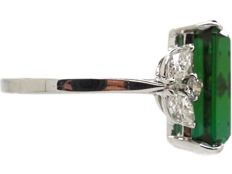 Mid 20th Century Platinum Rectangular Cut Green Tourmaline & Diamond Ring