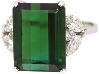 Mid 20th Century Platinum Rectangular Cut Green Tourmaline & Diamond Ring