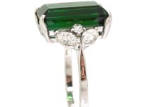 Mid 20th Century Platinum Rectangular Cut Green Tourmaline & Diamond Ring