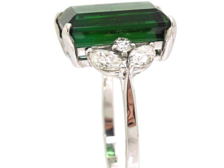 Mid 20th Century Platinum Rectangular Cut Green Tourmaline & Diamond Ring