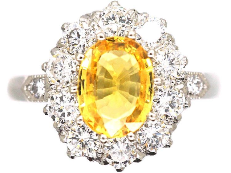 Platinum Yellow Sapphire & Diamond Oval Cluster Ring